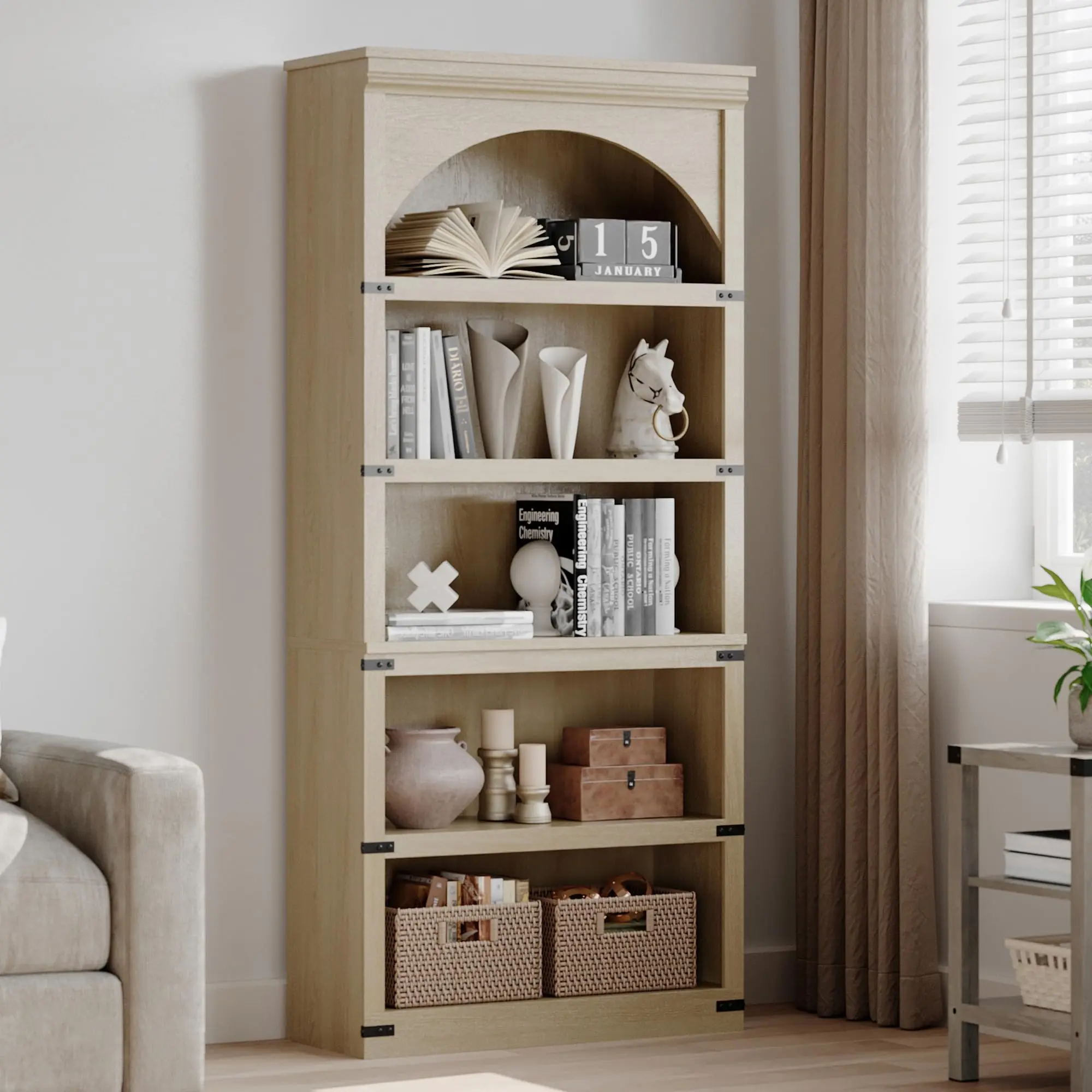 69" Tall Farmhouse Bookshelf, 5-Tier Open Bookcase with Storage, Wooden Display Shelf for Living Room, Bedroom & Home Office