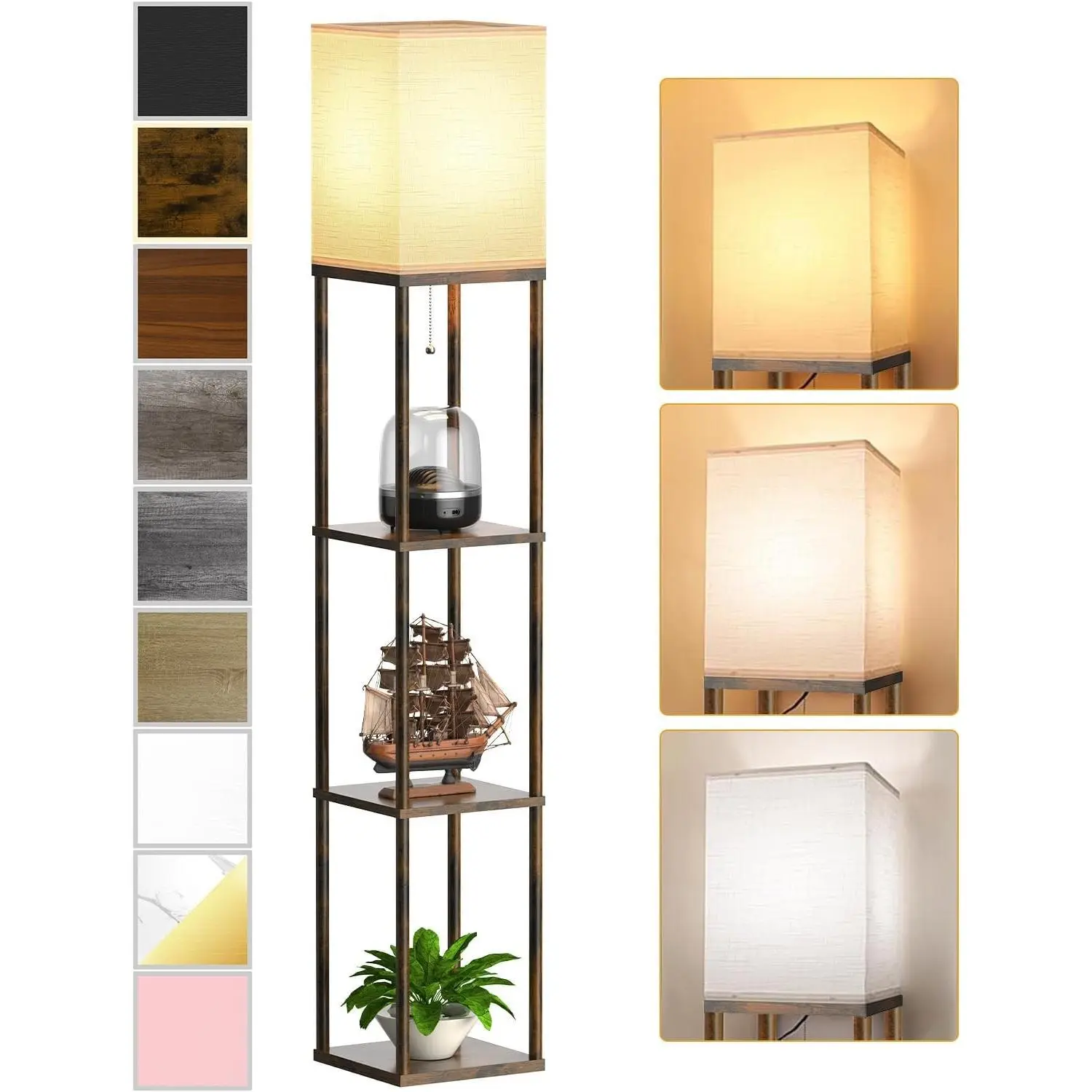 Floor Lamp with Shelves for Living Room Brown, Shelf Floor Lamp with 3 CCT LED Bulb, Corner Display Standing Column Lamp Etagere Organizer Tower Nightstand with White Linen Shade for Bedroom