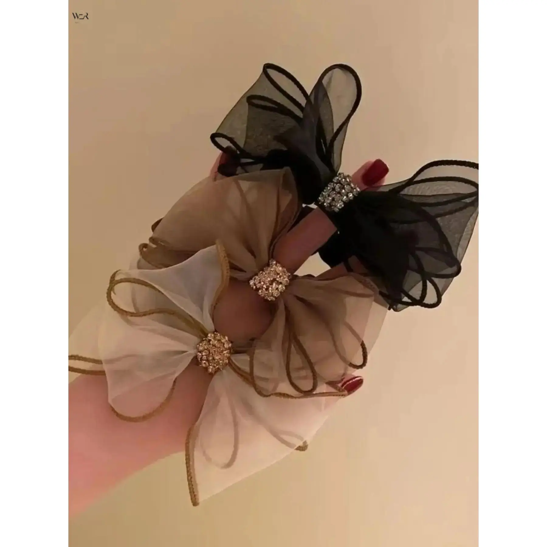 Organza Mesh Bow Scrunchie - 3 Colors (Black/Champagne/Ivory) with Rhinestone Cluster Center, 9*12cm 15g Elegant Ponytail Holder for Daily, Formal Occasions, Wedding, Women's Fashion