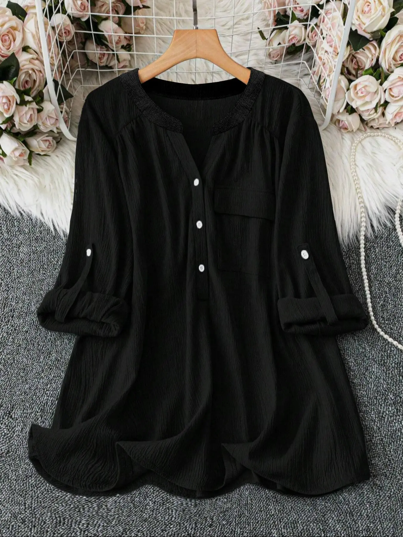 Plus Size Women's Solid Color Shirt, Loose Fit V-Neck Long Sleeve Blouse, Roll-Up Sleeves with Pockets, Casual Daily Wear
