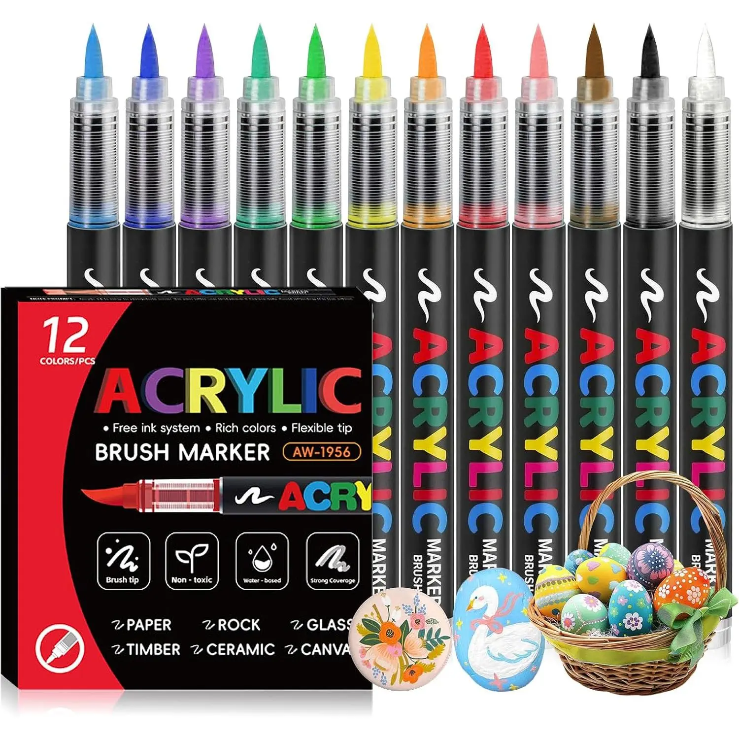 12 Colors   Markers Brush Tip, Markers Set |  Markers for Coloring Books,Watercolor  Markers for ,Paper,Plastic,Glass,Fabric,,Automatic Ink Control