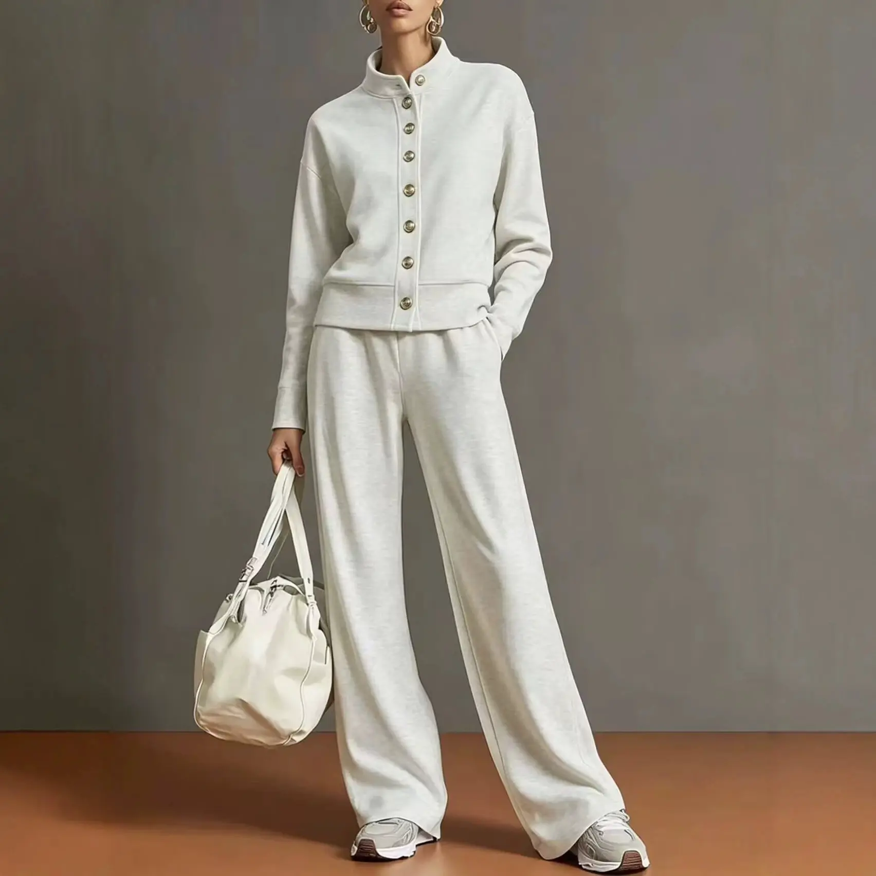 2026 New Women's Fashion Solid Color Stand Collar Cardigan Sweatshirt Wide Leg Pants Set