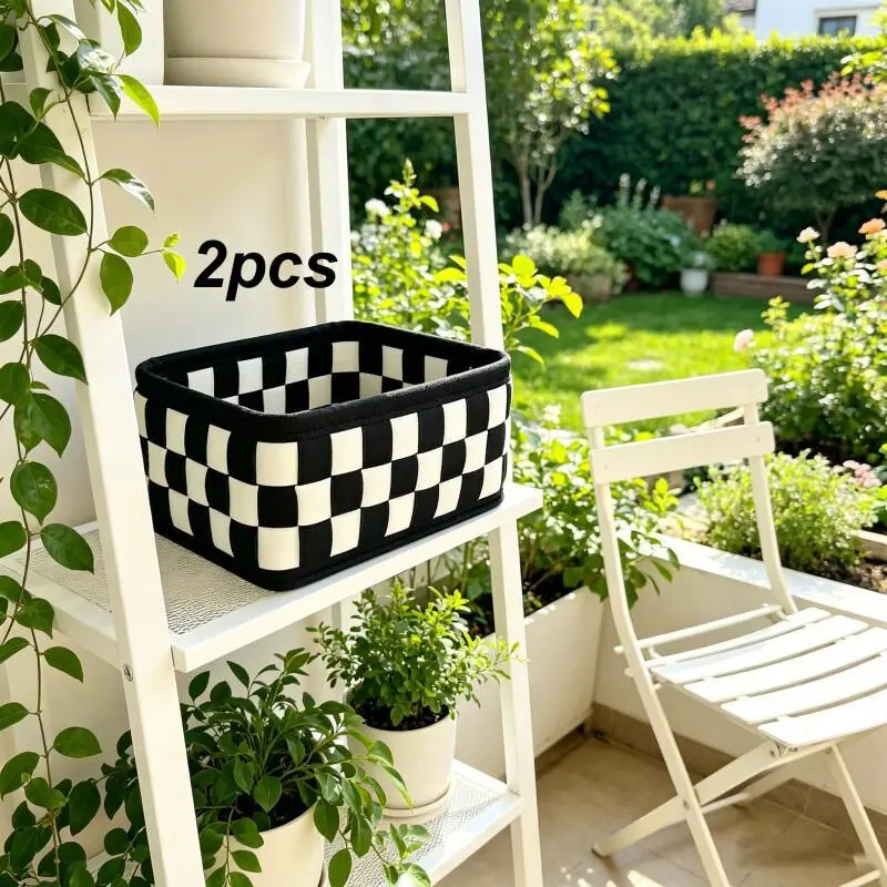 2Pcs Black White Plaid Storage Baskets, Multipurpose Desktop Cosmetic Organizer Bins, Clothes Sundries Storage Holder for Bedroom Underwear, Socks & Snacks