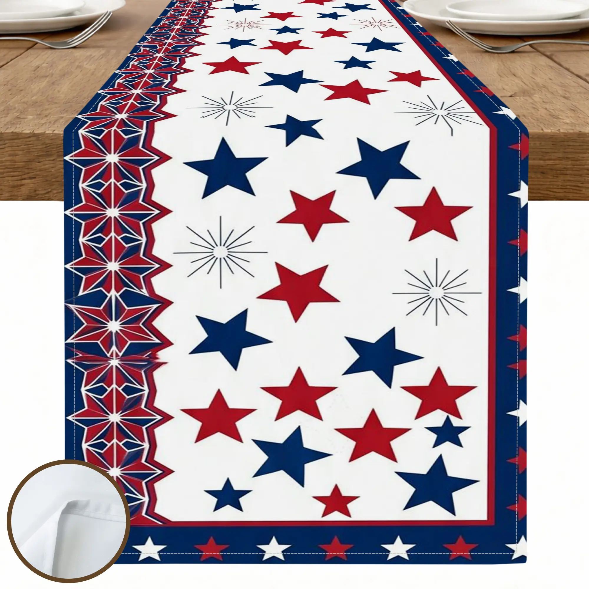 1PC Red White Blue Star Table Runner, Patriotic Americana Style, Printed Decorative Home Decor Dining Table Cover for Independence Day Dinner Party Table Decor