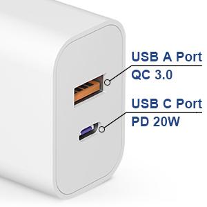 USB-C charger block with fast charging and multiple ports.Suitable for iPhone 17.Output: 20W.Features USB-C and USB-A ports.Compatible with iPhone 17/16/15/14/13/12/11/X/8, iPad, Google Pixel, Samsung Galaxy.