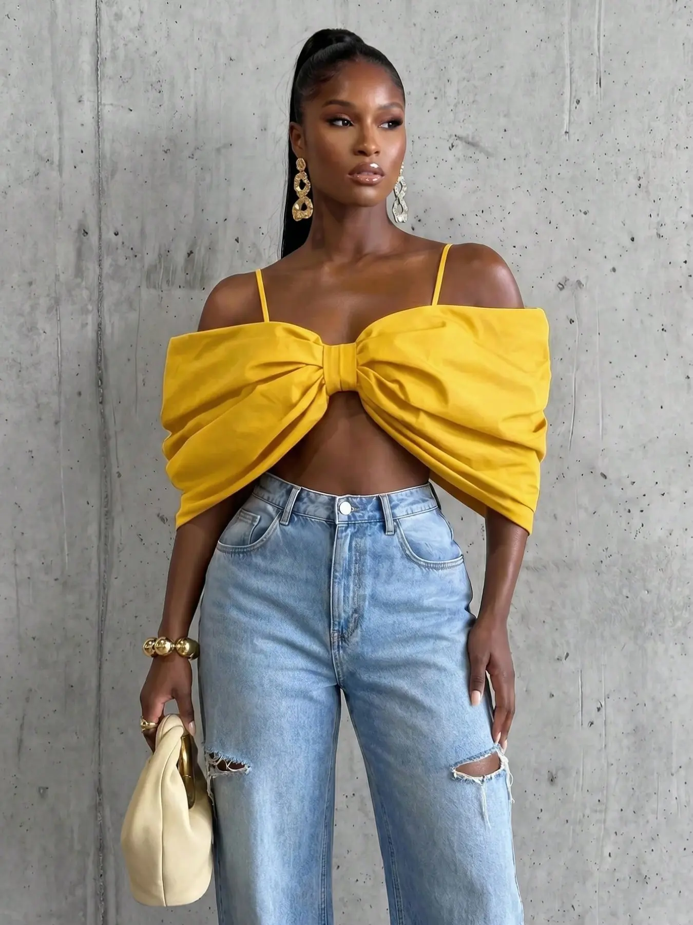 Women's Solid Color Bow Design Off-Shoulder Cropped Top Shirts, Mustard Summer Fashion, Sexy Night Out Dress