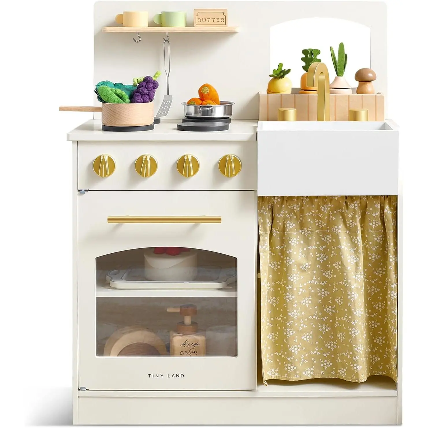 Wooden Play Kitchen for Toddlers, Compact Cream Pretend Play Set | Cutting Food & Stainless Steel Cookware, Oven, Stove, Sink, Clicking Knobs, Storage Shelf, Gift for Girls & Boys Ages 3+