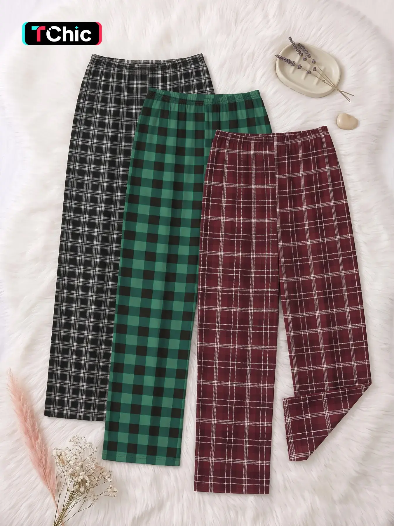 3-Pack Women's Long Sleep Pants, Casual Loose-Fit Ankle-Length Pajama Bottoms, All Seasons, Comfortable Home & Wear, Plaid Print, Loungewear
