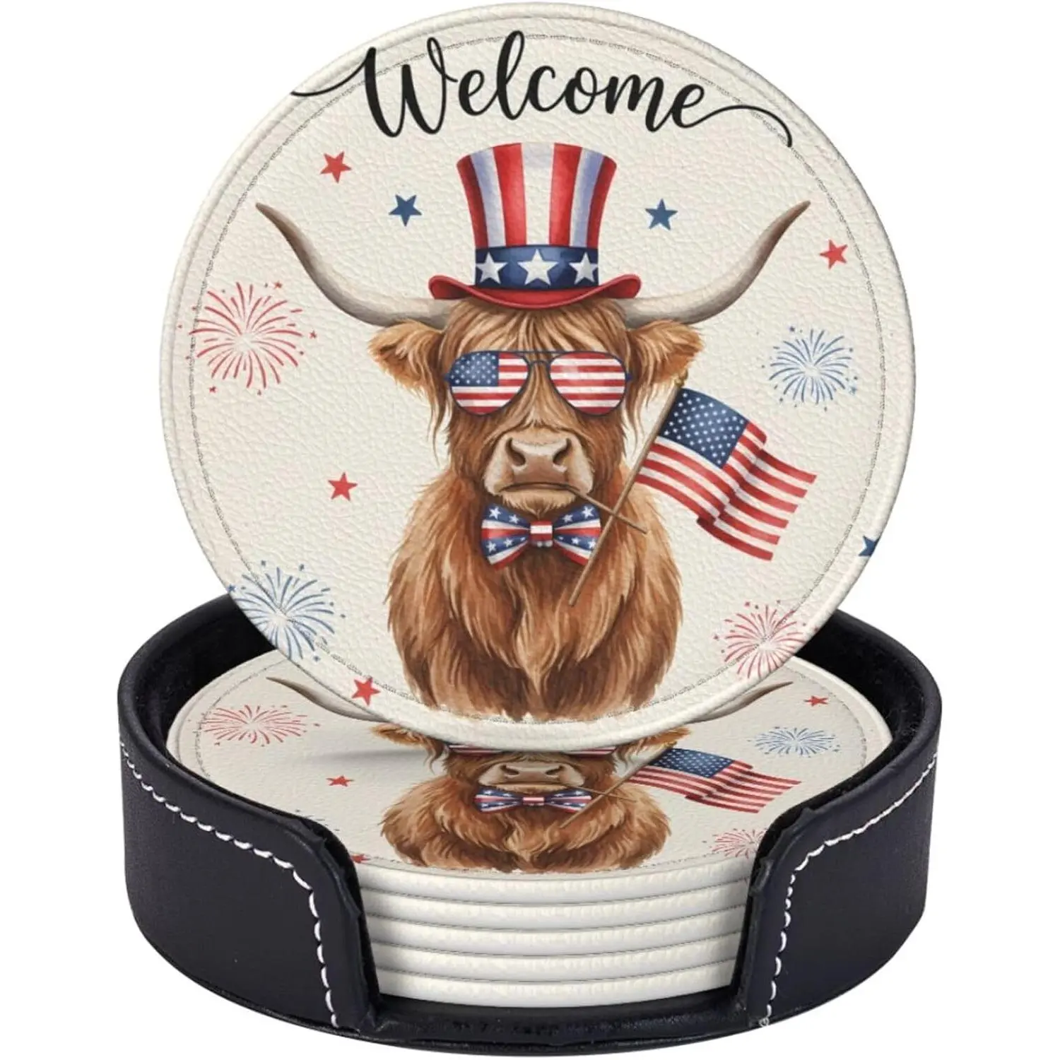 Highland Cow US Flag Fireworks Patriotic Americana Round PU Leather Coasters for Drinks Set of 6 with Holder, Heat Resistant Cup Mat Pad for Summer Gatherings, Coffee Table and Bar, 3.9 Inch
