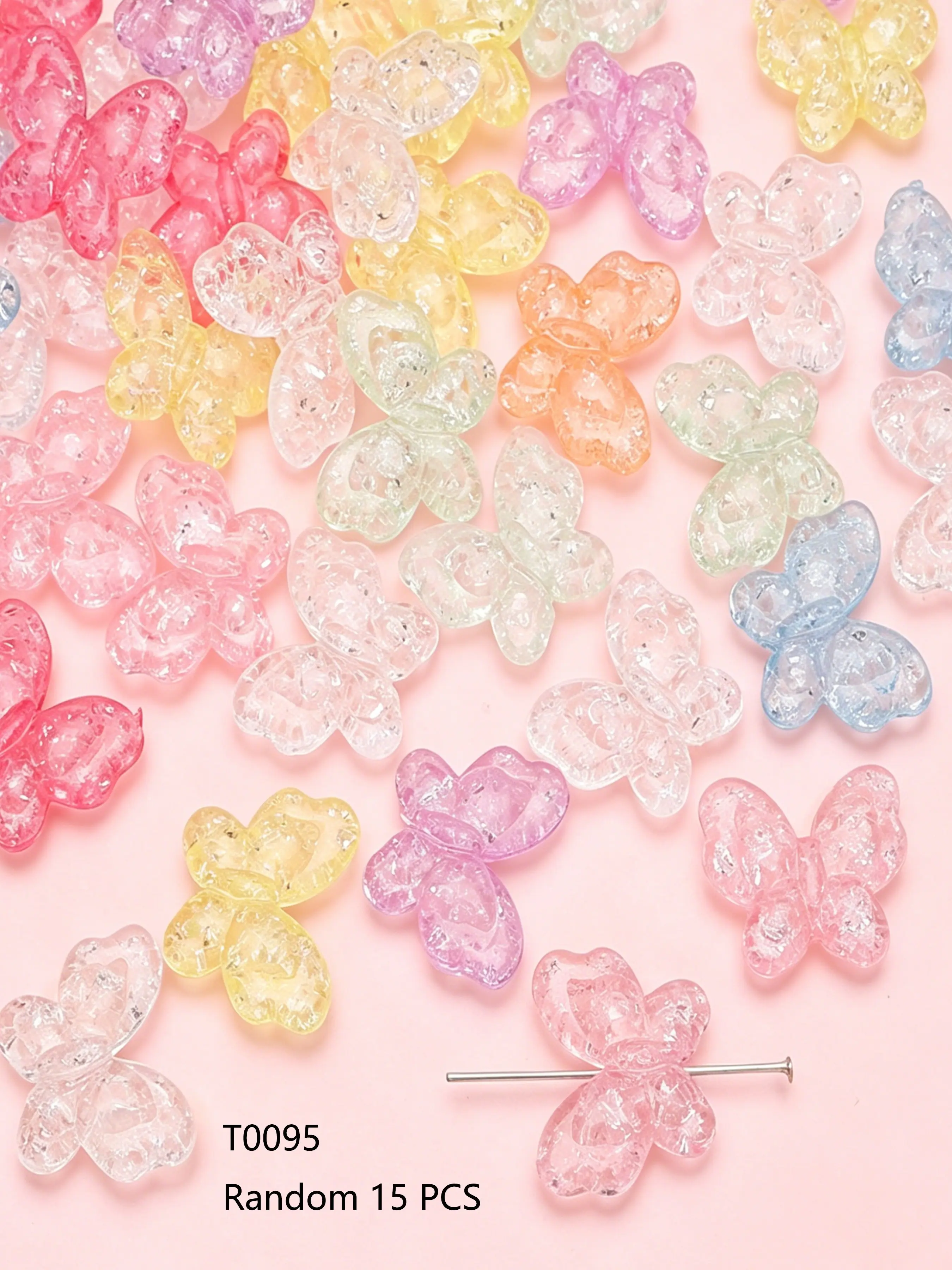15 Acrylic Macaron Butterfly Charms, Multicolor Glitter Crackle Butterflies, Transparent Fine Sparkle Beads, DIY Jewelry Accessories