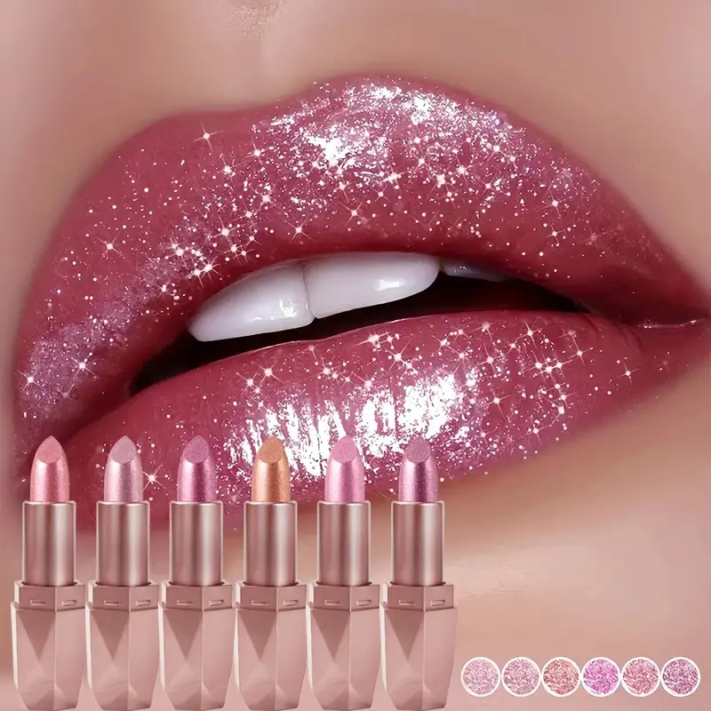 New 6-Color Diamond Pearl Lipstick, Waterproof & Super Shiny Gold Lipstick with Moisturizing, Hydrating and Long-Lasting Effects