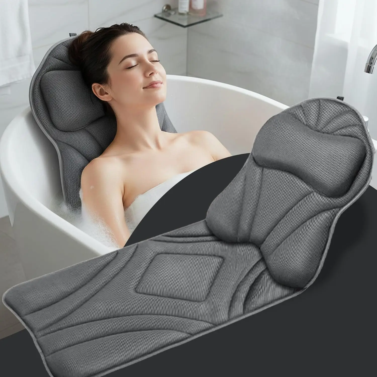 Full  Bath Pillow – Luxury Cushion for Bathtub |  & Thick |  Packaging - , ,  &  Support – Quick-Dry, Mold Resistant – for Women & Men (Gray)