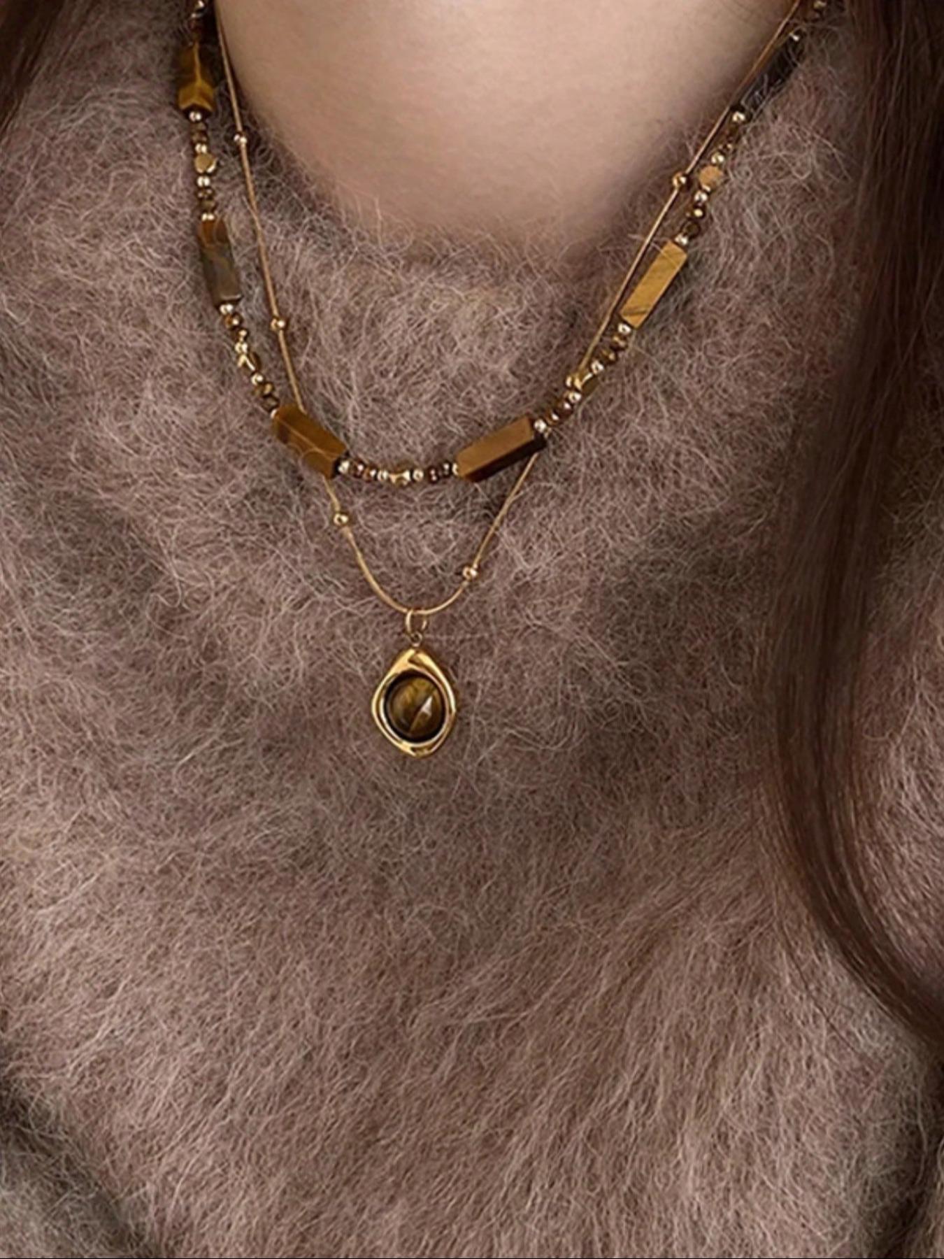 Women's Stainless Steel Necklace Set, Vintage Artificial Tiger's Eye Stone Pendant Jewelry, Artificial Gemstone Necklace for Daily Wear & Gifts, Layered Necklaces, Fashion Accessory Necklace, Fashion Necklace (The color of the stone is random)
