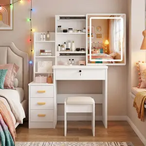 Vanity Desk With Sliding Mirror & Lights, Makeup Vanity Set With Drawers, Stool & Open Shelves, 3 Color Lighting Modes & Adjustable Brightness Dressing Table For Bedroom