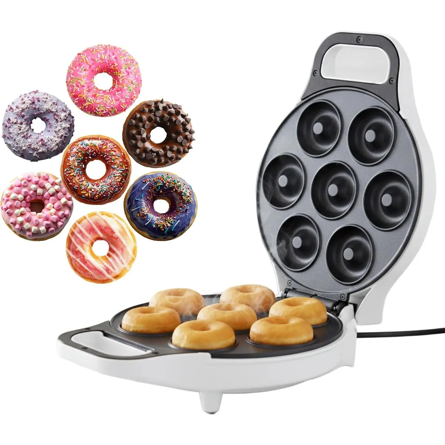 Mini Donut Maker Durable Nonstick Easy to Use Mini Baking Machine Cooks 7 Mini Doughnuts at a Time Glazed Frosted with Sprinkles Nuts or Vegan Donuts & More (White)