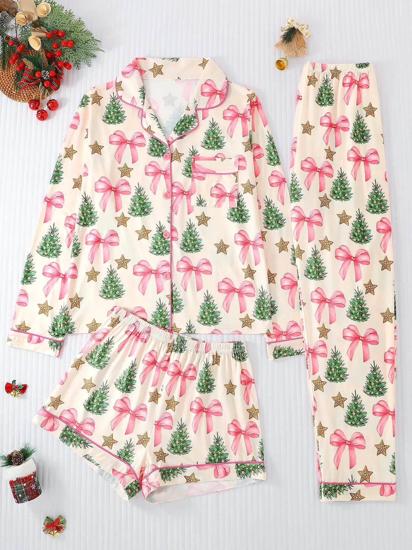 3-Piece Women's Autumn Winter Pajama Set, Long Sleeve Button-Up with Christmas Tree Print, Includes Long Pants & Shorts, Comfortable for All Seasons