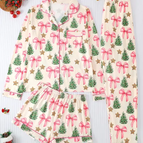 3-Piece Women's Fall and Winter Pajama Set, Casual Pyjama Set, Long-Sleeve Button-Up Top with Christmas Tree Print, Long Pants and Shorts, Comfortable All-Season Loungewear