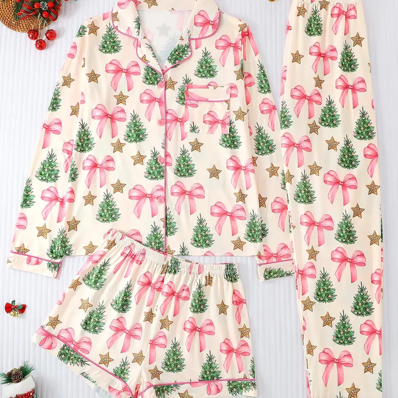 3-Piece Women's Fall and Winter Pajama Set, Casual Pyjama Set, Long-Sleeve Button-Up Top with Christmas Tree Print, Long Pants and Shorts, Comfortable All-Season Loungewear