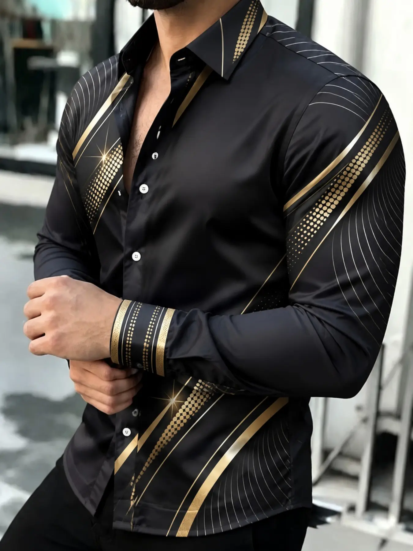 Star Pattern Men's Long Sleeve Shirt, Casual Slim-Fitting Top, All Seasons Wear, Geometric Design, Full Placket