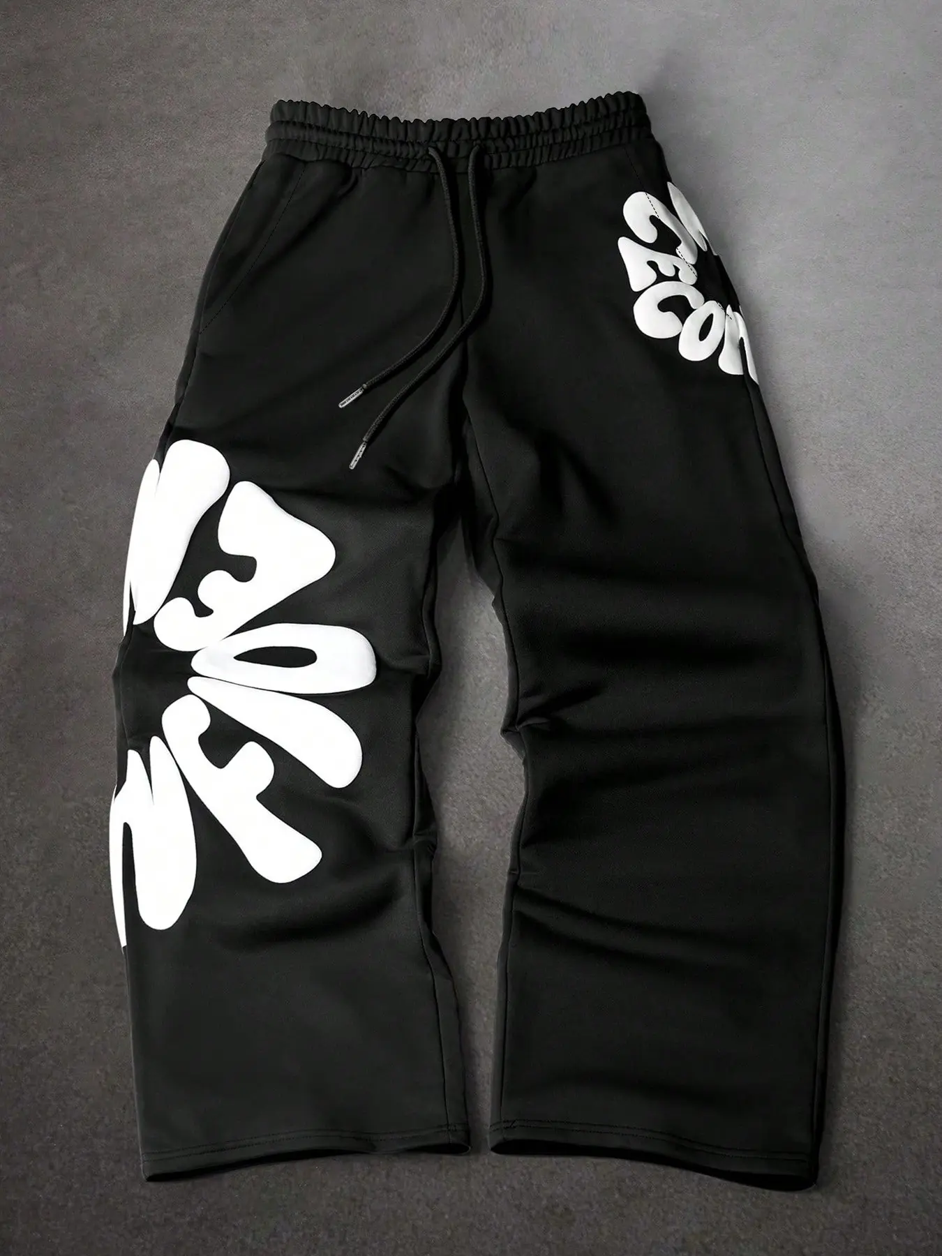 Y2K Bubble Textile 3D Letter Print Wide Leg Sport Pants, Elastic Waist Drawstring Casual Loose Straight Leg Pants, Teenager Hip Hop Streetwear Long Pants