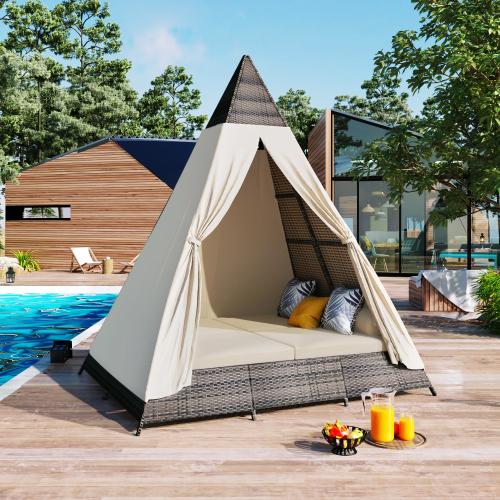 [Bellemave]GO 90.5" Length Outdoor Sunbed With Colorful Pillows, Wicker Patio Daybed With Cushions, Tent Shape, Gray And Blue