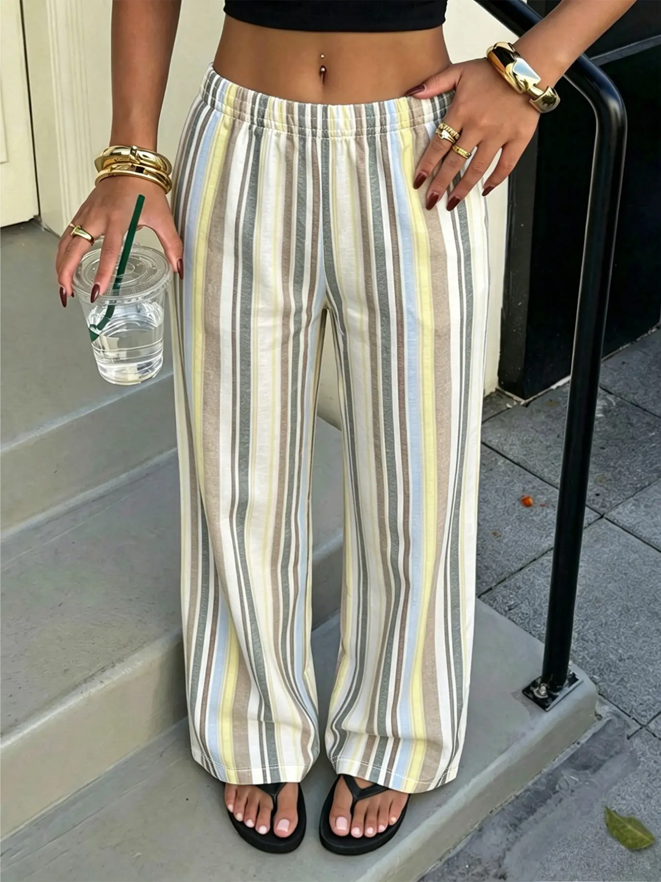 Pastel Color Striped Wide Leg Pants, Women's Casual Loose-Fitting Baggy Trousers, Floral Pattern, All Seasons, Unlined, Plain Surface