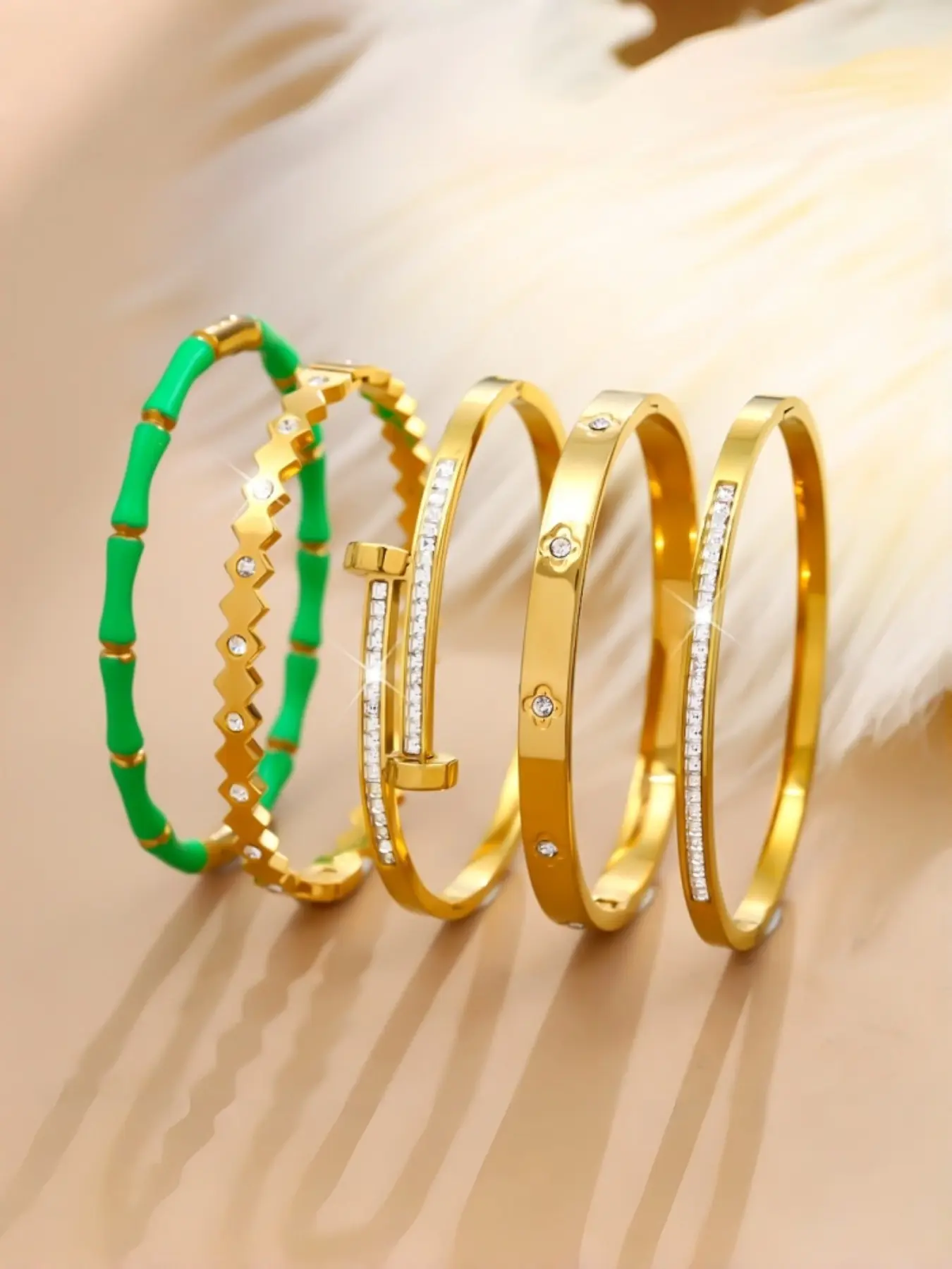 5-Piece Dopamine Color Block Luxury Bangle Set, 18k Gold Plated Titanium Steel, Vintage Bamboo & Gold Rhinestone, Fashion Stackable Bracelets