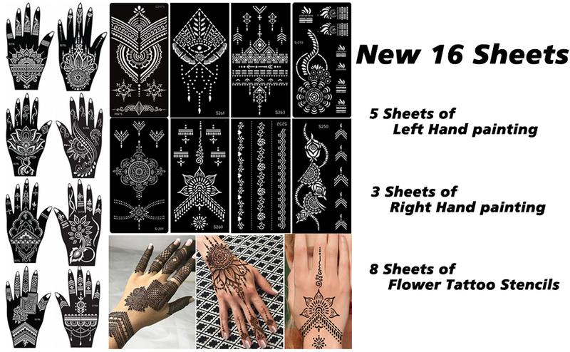 XMASIR 16 Sheets Temporary Henna Tattoo Kit, Reusable Tattoo Stencils Sets Indian Arabian Temporary Tattoo Templates Kit for Body Hand Art