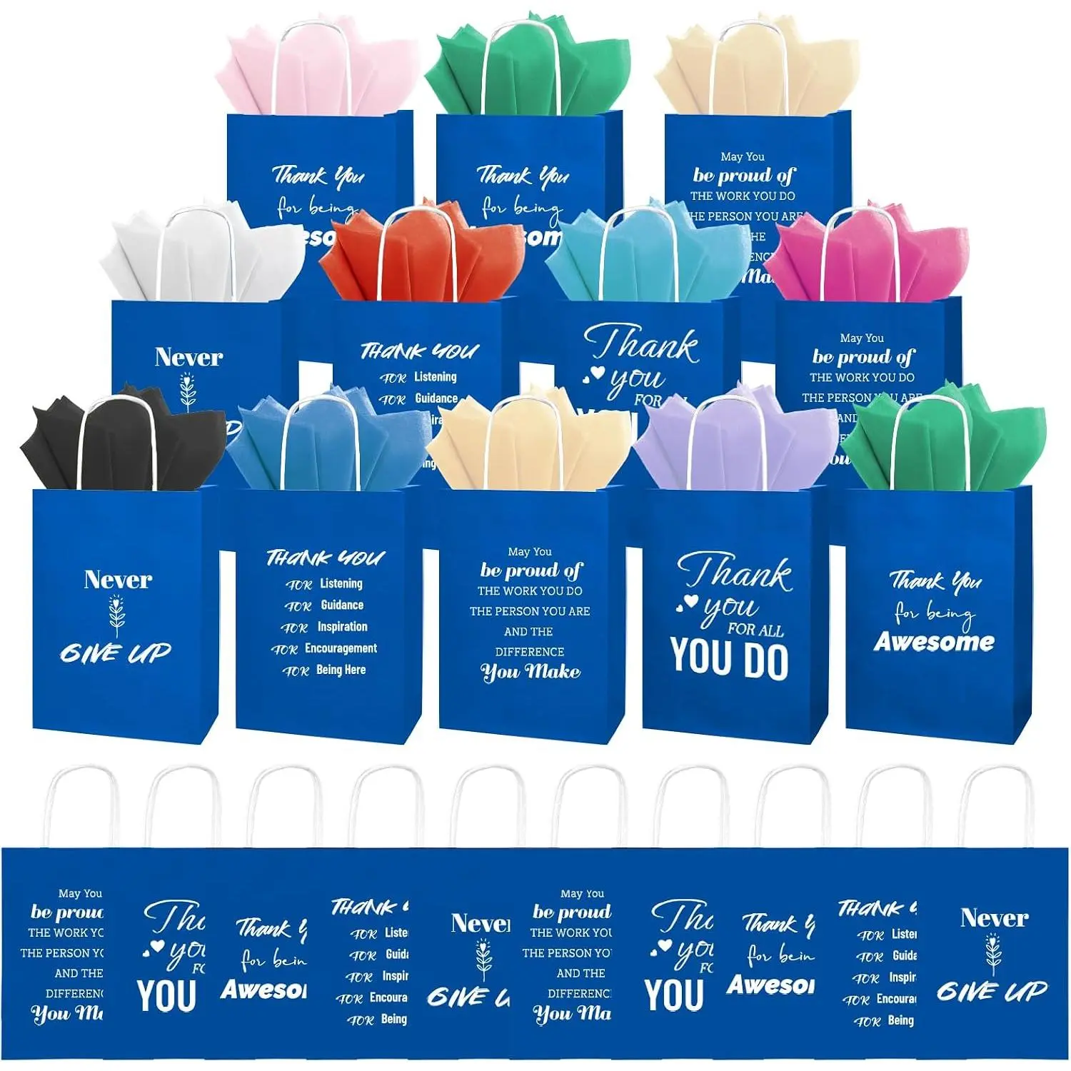 Modern Christmas Employee Appreciation Bulk Pack Bags (100-Count) - 50 Printed Message Paper Bags with Handles (8.3x5.9x3.1in), 50 Tissue Paper, Inspirational Quote Motivational Text Office Stationery Gifts (Blue)