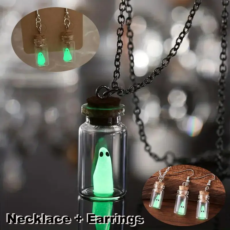 3Pcs Personalization Halloween Glow Earrings, Pendant Necklace Jewelry Set Cute Ghost In A Bottle Necklace, Halloween Tiny Glow-In-The-Dark Charm Pendant Earrings, Handmade Glow Glass Vial Pendant Luminous Ghost Jewelry Set