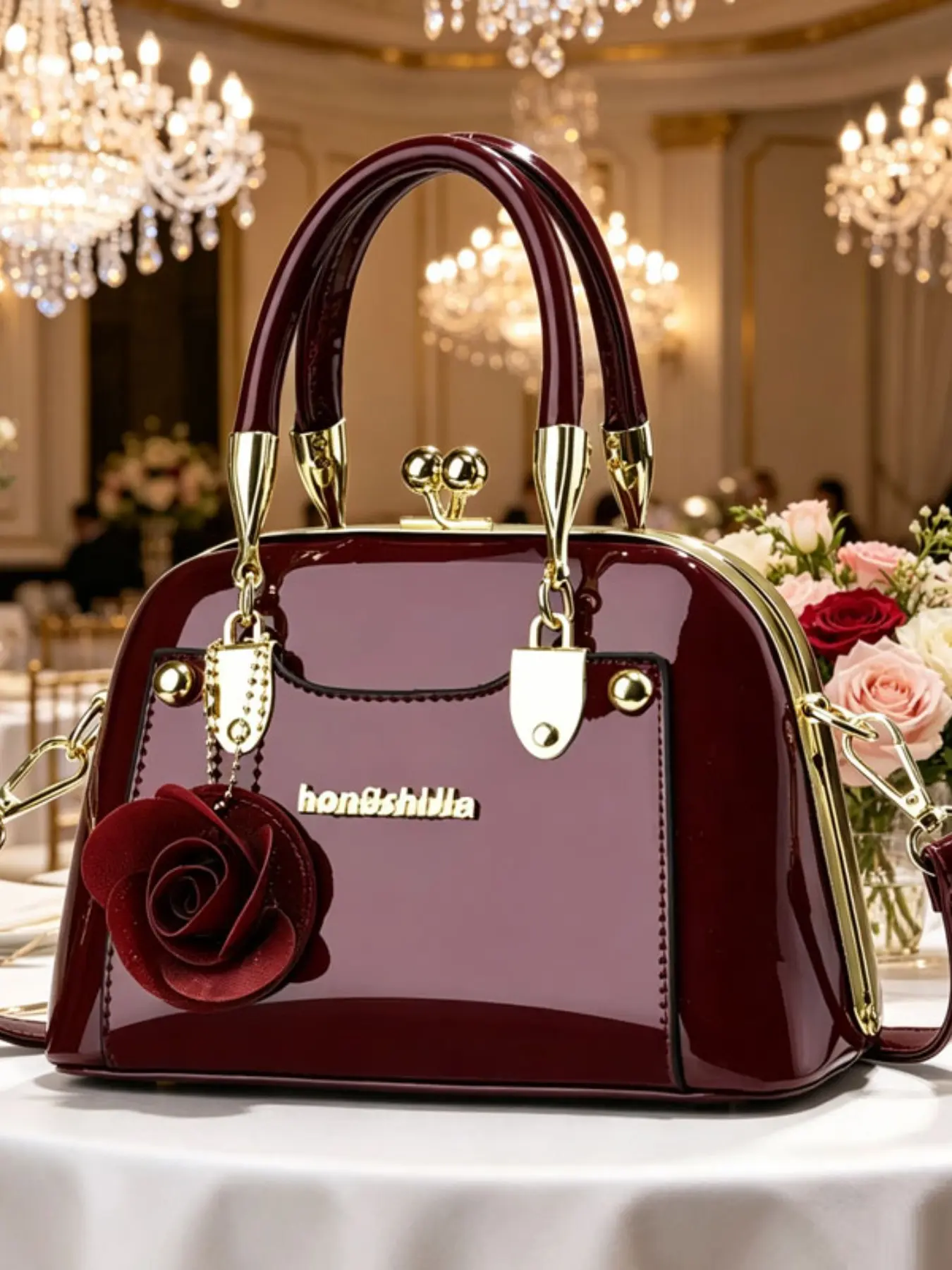 Luxurious PU Leather Crossbody Bag with Rose Pendant, Elegant Evening Handbag for Women, All-Season Solid Style, Crossbody Purse Bag
