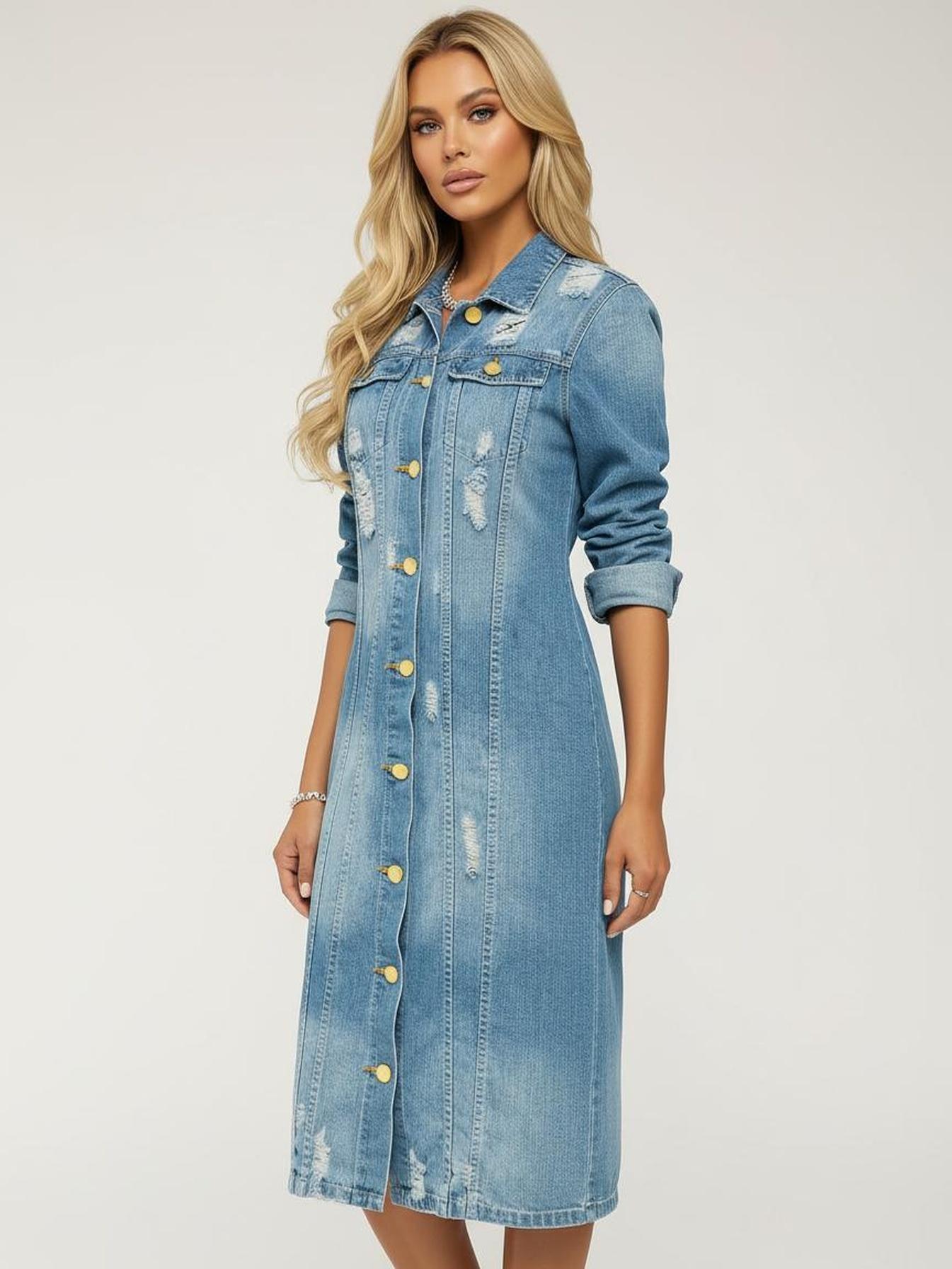 Women's Long Distressed Denim Duster Jacket Button Front Ripped Jean Coat with Pockets