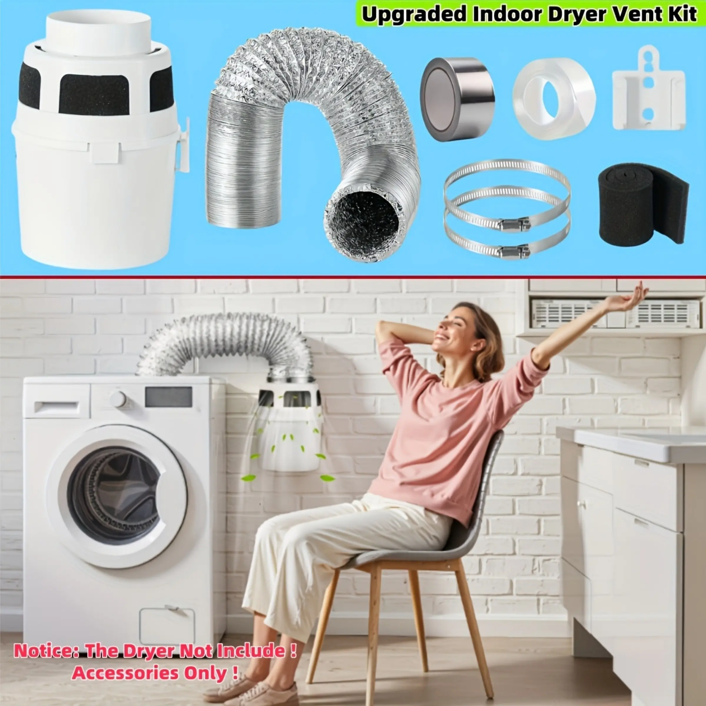 2026 Updated Three-In-One Indoor Dryer Vent Kit, Includes 5-Foot Vent Hose, Lint Collector Box, Water Filter Bucket, Suitable for Indoor Dryers