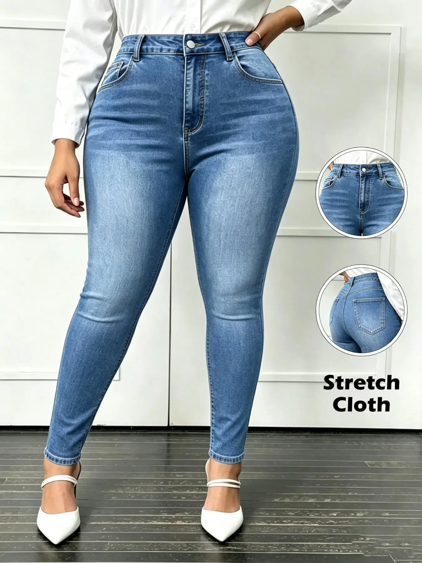 Elastic Fitted High-Waisted Women's Denim Long Pants, Pocketed Skinny Conceal Fat Slim Fit Jeans, Daily Versatile Pear Shape Friendly