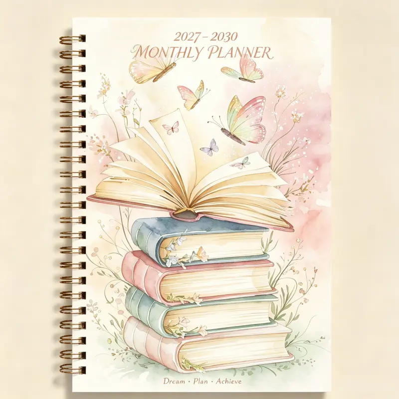 2027-2030 Monthly Planner/Calendar, Calendar Design, 4-Year Monthly Planner, Pastel Floral Butterfly Ribbon Book-Themed Cover Notebook, Monthly Tabs, 48-Month Calendar, 5.5 x 8.3 Inches Thick Paper, Elastic Cover