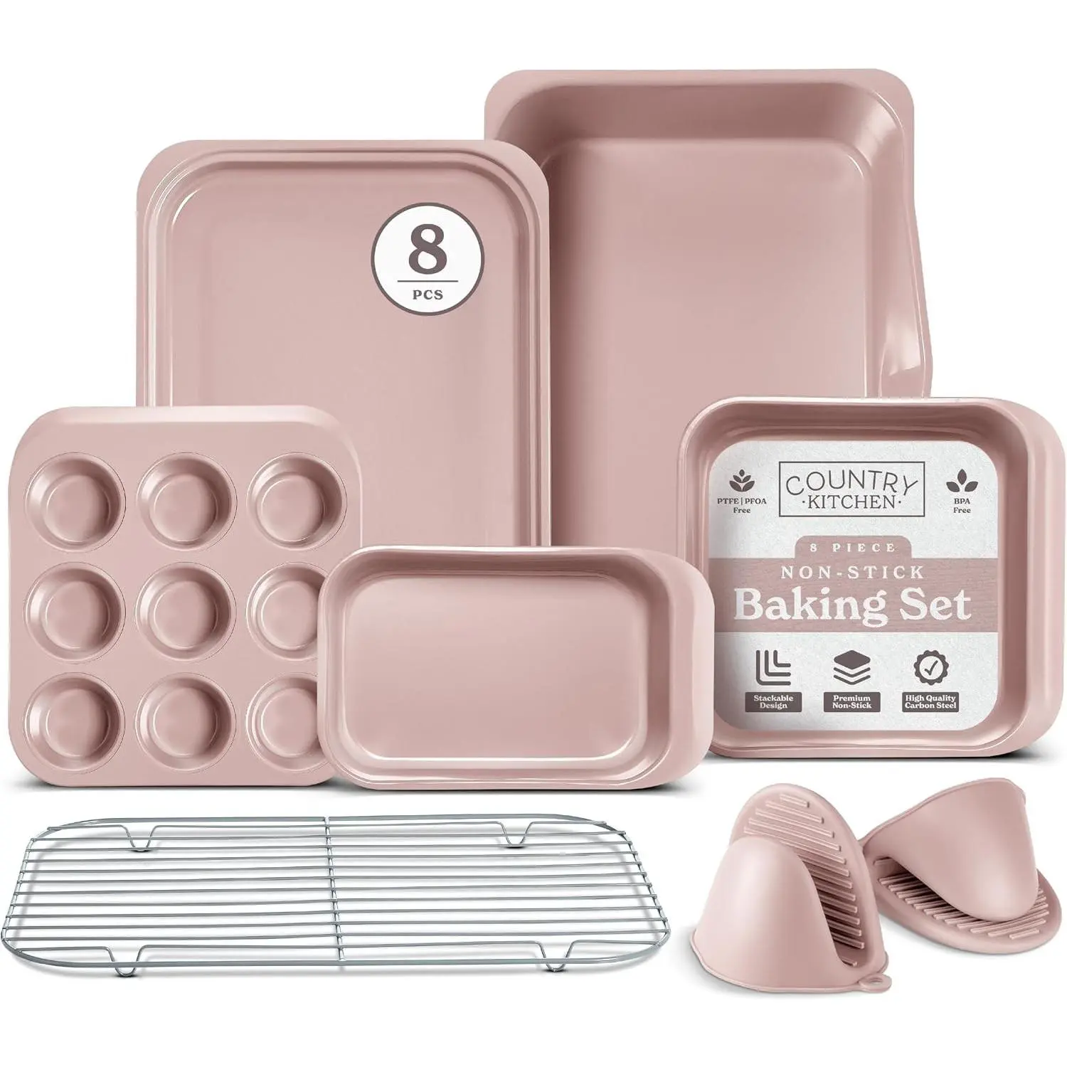 Nonstick Stackable Bakeware Set - Deluxe Heavy Duty, Durable, Easy Release Baking Set, 8 Pcs, Pink