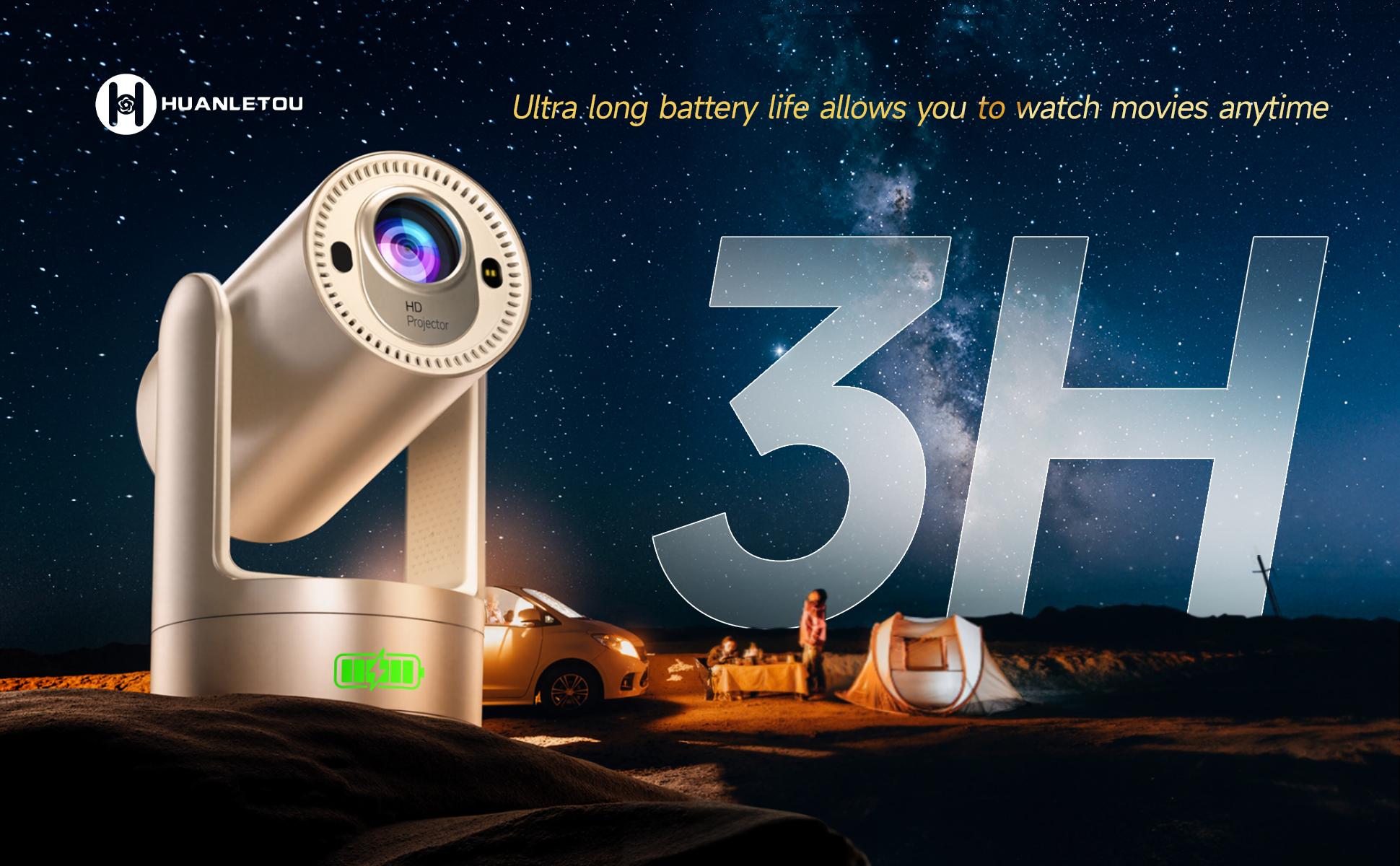 With batteries Rechargeable Mini Android Outdoor projector, 800ANSI native 1080P resolution, auto focus and auto trapezoidal correction, 200-inch screen WiFi6 bt5.2 multi-functional UHD outdoor entertainment projector.