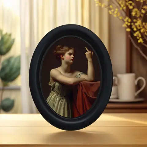 Vintage Funny Classical Woman Middle Finger Pattern Oval Frame Decorative Painting, Humorous Renaissance Style Desktop Oil Painting, Halloween Home Decoration