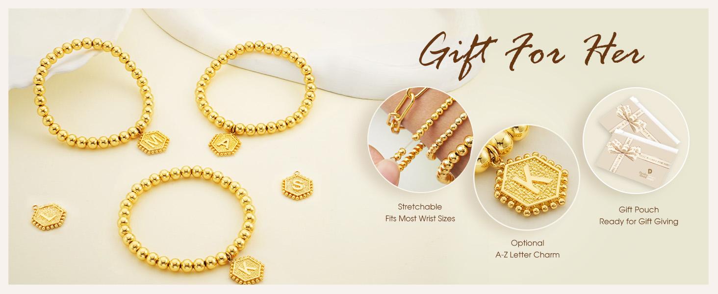 doubgood Gold Bracelets for Women, 14K Gold Plated Stackable Initial Beaded Bracelet with Letter Pendant Waterproof Stretch Trendy Stack Jewelry Set Gifts for Mom Mother's Day