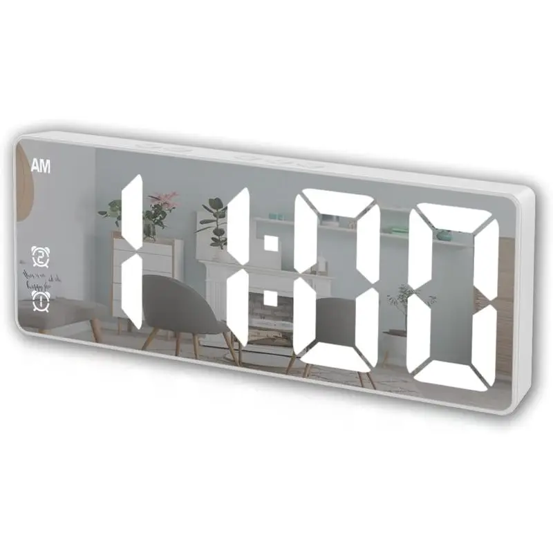 6.25" Large Display Rectangle Shape Plastic Composite Digital Alarm Clock - Desk/Table Top Mirror Surface LED Electronic Clock with Adjustable Brightness, Snooze for Bedroom Decor (White Digit, Non-Rechargeable)