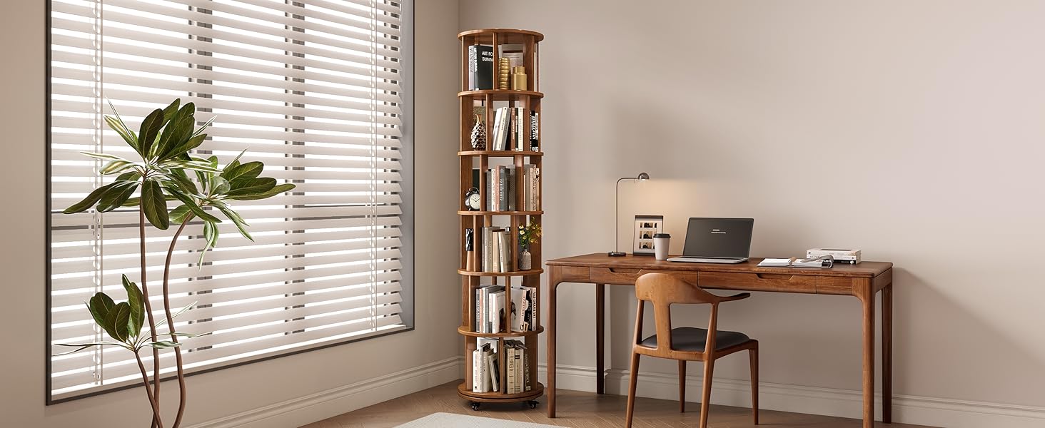 6 Tier Solid Wood Rotating Bookcase with Wheels Round Revolving Bookshelf Organizer 360° Spinning Storage Shelf for Corner Small Narrow Spaces Home Office Kids Room Drawers Organization Computer Desk