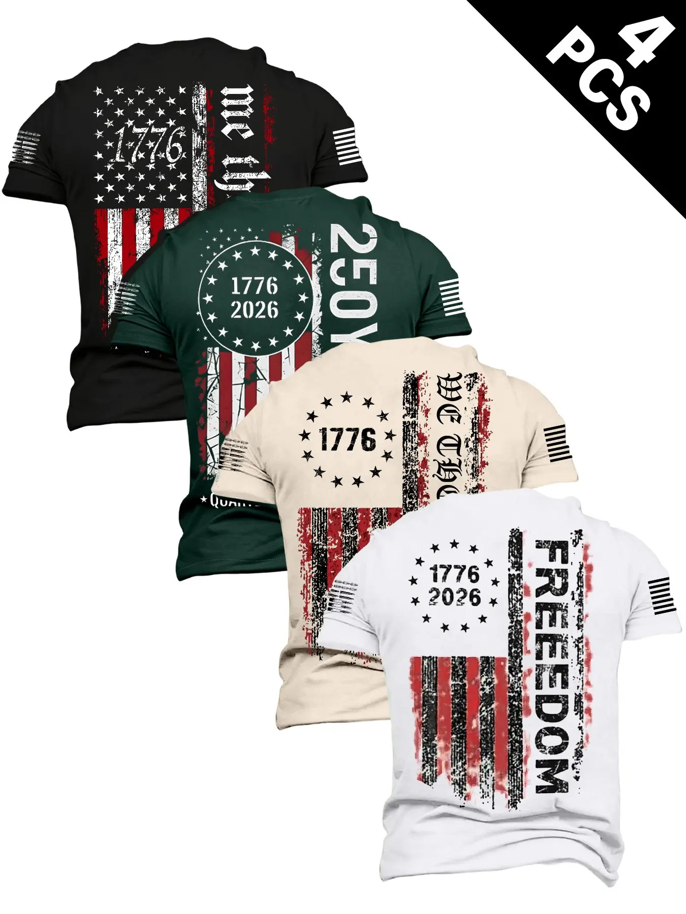Men's Summer Casual American Flag T-Shirt Set, 4-Pack, Vintage Print, Round Neck, Soft and Versatile, Ideal for Outdoor Activities