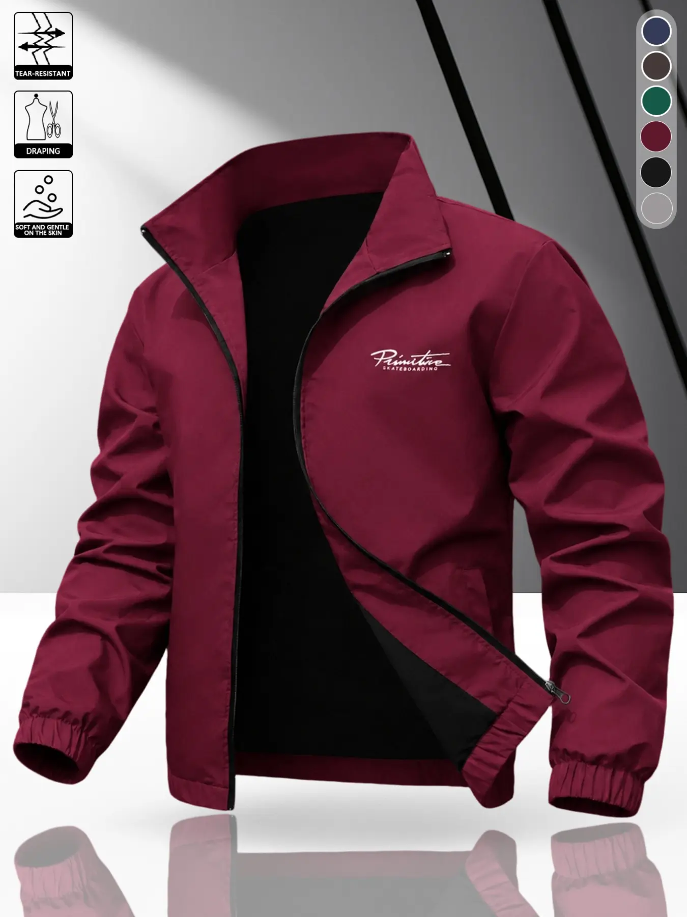 Men's Casual Stand Collar Jacket with Pockets, Metal Zipper Full Open Coat, Left Chest Handwritten English Print, Side Pocket, Elastic Waist & Sleeves