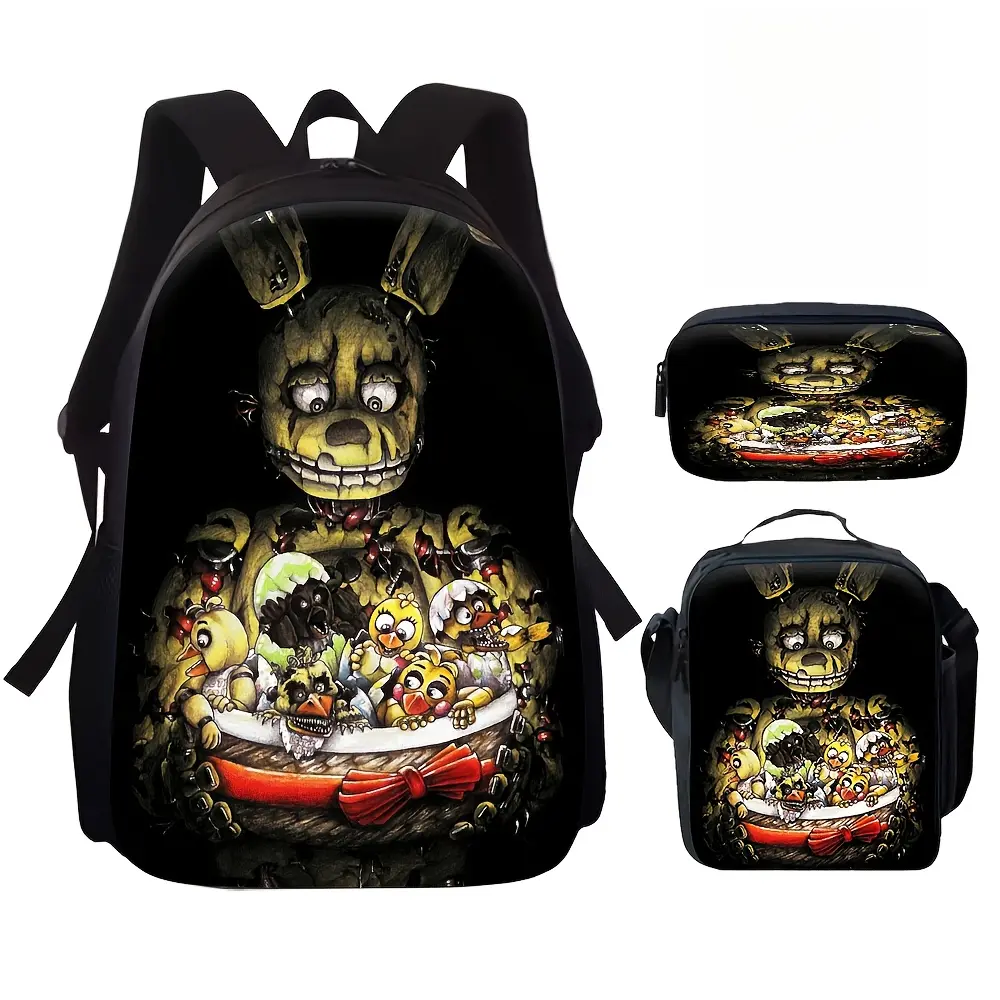 Durable Water Resistant 3-Piece Backpack Set for Kids, Lightweight School Bag with Lunch Box, Pure Black Background Five Nights at Freddy’s Springtrap All Animatronics Horror Graphic Print, Spacious 15in Laptop Pocket & Soft Breathable Padded Straps