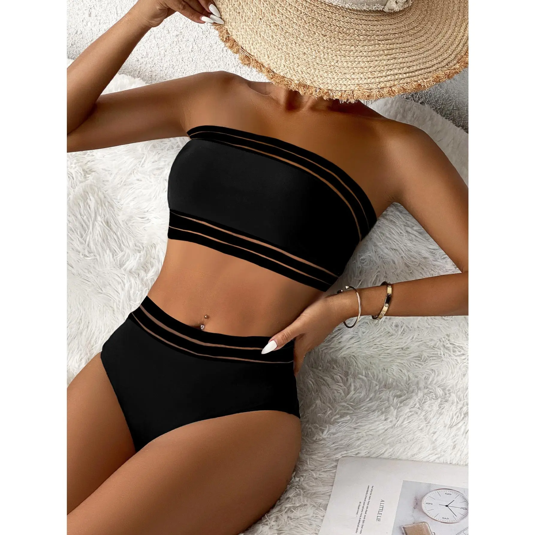 Women's Sexy High-Waisted Bandeau Quick-Dry Two-Piece Bikini Set, Color Block Design, Perfect for Beach and Pool, Ideal Gift for Her, Slim Fit Swimsuit
