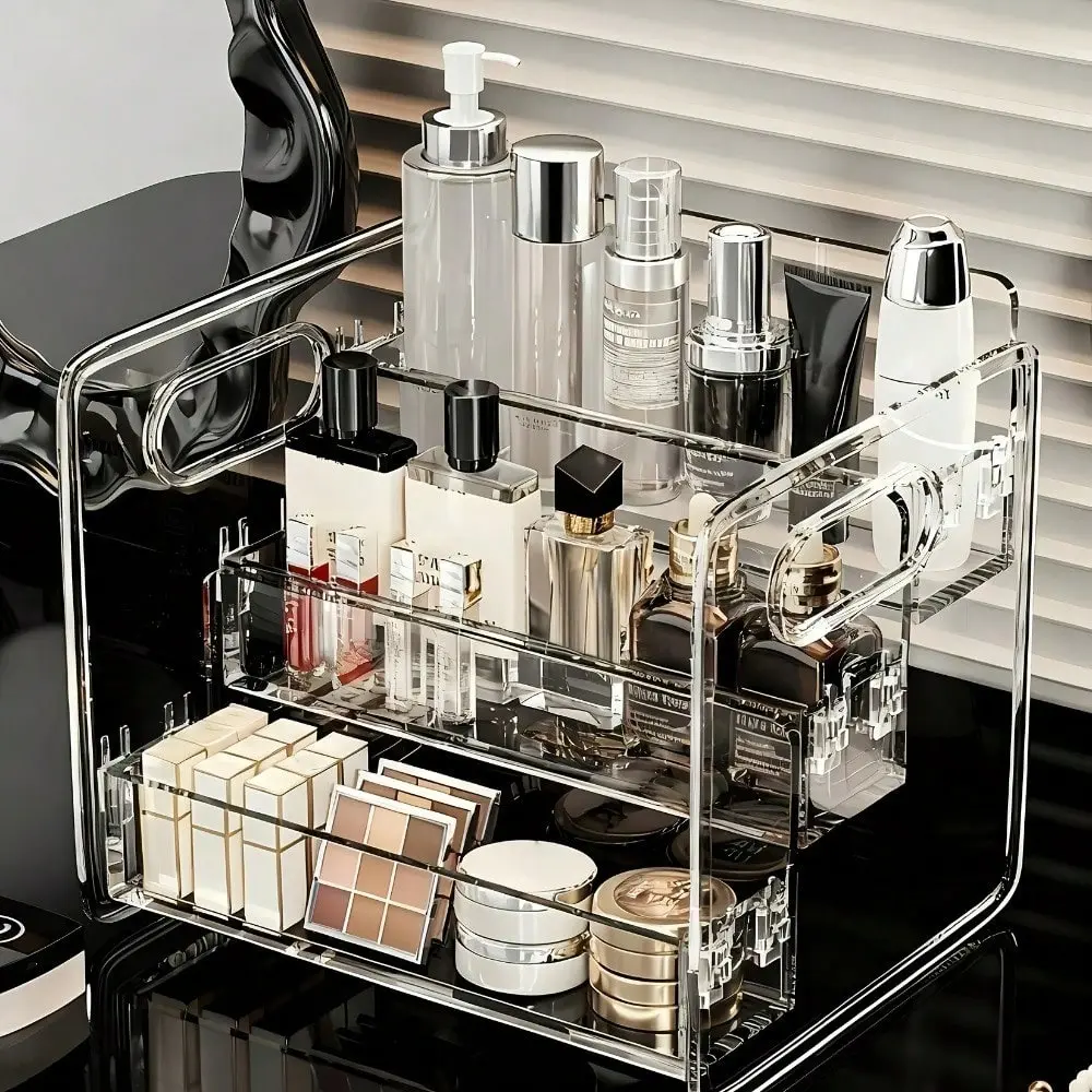 Vanity Countertop 1pc Clear Three‑Tier Cosmetic Storage Box 5.91 Inch, Detachable Multi‑Grid Beauty Organizer With Carry Handle, Store Hair Accessories Mini Skincare Trinkets For Apartment Bathroom Dresser