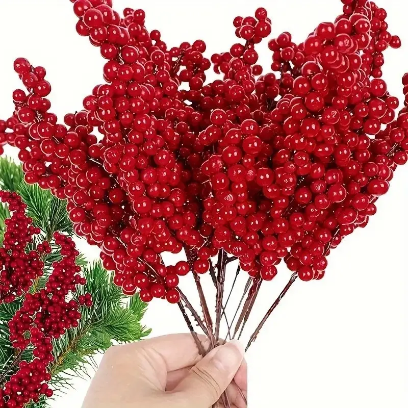 Realistic Artificial Berry Stems with Fake Berries, Plastic Fruit for DIY Christmas Tree Decorations, No Maintenance