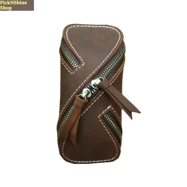 Vintage Crazy Horse Leather Keychain Wallet - Compact Zippered Mini Coin Purse with Key Organizer, Worn-In Look Retro Pouch for Keys, Coins, Cards & Everyday Carry