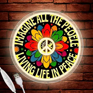 Imagine All The People Living Life In Peace Neon Sign, Peace Neon Light LED Rainbow Flower Sign USB Powered Rainbow, for Room Decor Bedroom Music Room Office(11.8 * 11.8 In)