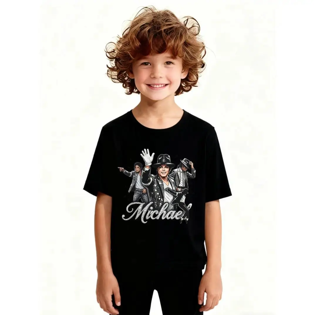 Kids' Graphic Print T-Shirt, Michael Jackson Fan Top in Soft Cotton, Short-Sleeve Crewneck for Casual Wear, Unisex Fit for 3-4 Years, Machine Washable, Clothes, Celebrity, Crew Neck